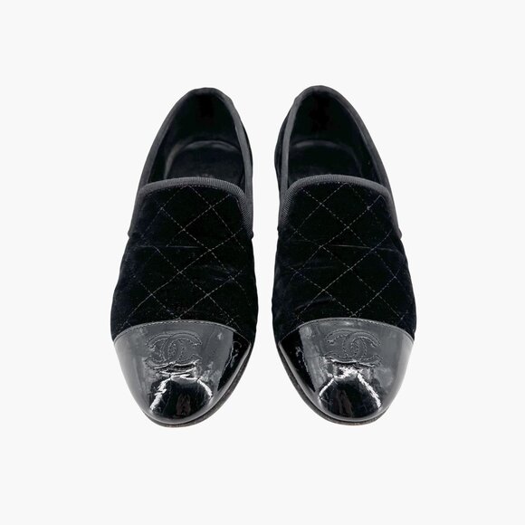 Chanel CC Cap Toe Quilted Loafers Size 37.5 US 6.5-7 Black Velvet Flat Slipper - Picture 2 of 14
